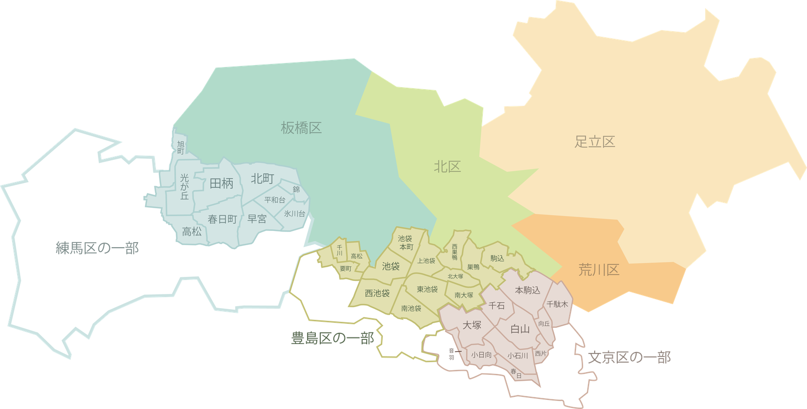 対応エリアマップ：北区・板橋区・足立区・荒川区、文京区・豊島区・練馬区の一部地域